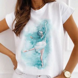 Wit T-shirt dames met ronde hals en korte mouwen met inktballet