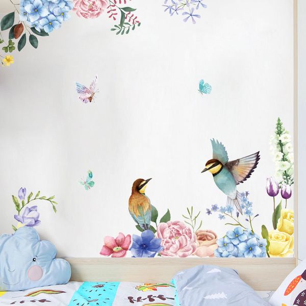 Pegatina de pared de habitación con pintura de flores y pájaros de tinta para decoración de interiores del hogar, calcomanías de papel de inyección de tinta, pegatinas de vidrio 210420