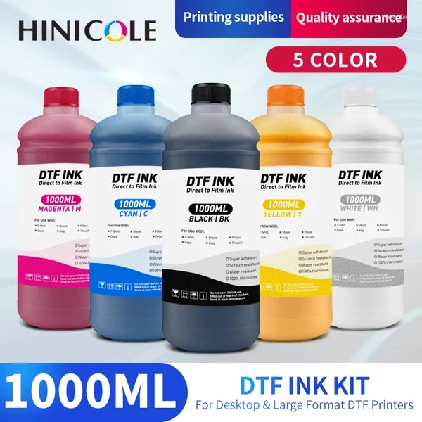 Kits de recarga de tinta HINICOLE 1000ML DTF para película de transferencia directa PET, impresora de gran formato de escritorio, BK C M Y WH Color disponible