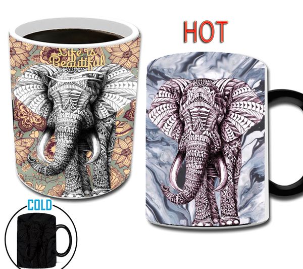 Jet d'encre Art Elephant Mangage Changement de couleur Mugs magiques 11 oz Creative Ceramic Milk Coffee Tasses Homme ami mari Mugs d'anniversaire Mugs