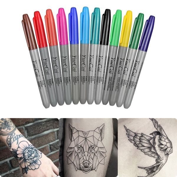 Inks 12pcs Tattoo Marker Colon Skin Marker Fine Point Scribe Scribe Tatoo Tatoo Tool Imperproof Ink Ink Earprow Tattoo stylo