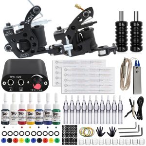 Inkten complete tattoo spiraal machine kit tattoo machinegeweer set met voeding naalden inkten grips ingesteld voor permanente make -uptoevoer