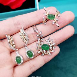 cristal incrusté feuilles d'olivier calcédoine pendentif collier anneau boucles d'oreilles ensemble 3 pièces ensemble de bijoux