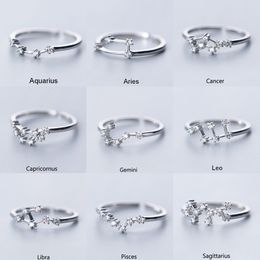 Anillos con incrustaciones de circonita cúbica, 12 constelaciones, signo del zodiaco, anillo ajustable de Color plata Simple, regalo de joyería