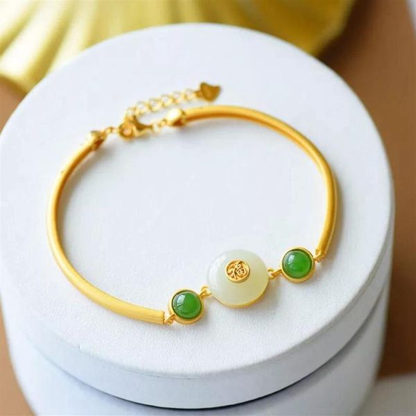 Pulsera de calabaza de Calcedonia Natural con incrustaciones, estilo chino, Retro, único, antiguo, colgante artesanal de oro, joyería de marca para mujer Bangle230y