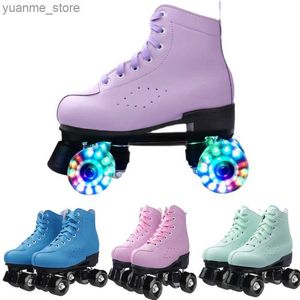 Skates à rouleaux en ligne 2023 Purple Blue Pink Cuir Roule Rouleau Chaussures Patines Gliding Double Row Quad Sneakers Training Row 4 Flash Skate Chaussures Y240410