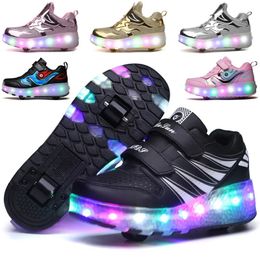 Patins em linha 2023 Sapatos de caminhada para meninos e meninas de quatro rodas e duas rodas LED piscando com luz automática patins invisíveis 231016