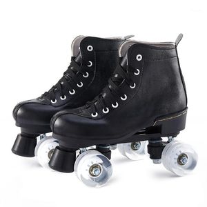 Patins à roulettes en ligne Adulte Pu Cuir Noir Double Ligne Deux Chaussures de Patinage Patines 4 Roues Femmes Homme Chaussures d'entraînement1