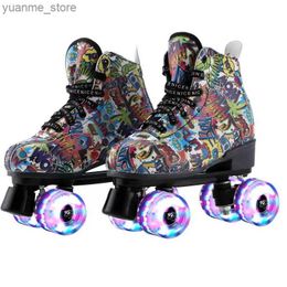 Skates à rouleaux en ligne adultes unisexes cuir graffiti roller roller chaussures patines glissantes en ligne quad sneakers de patinage 4 roues flash y240410