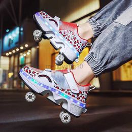 Patins à roulettes en ligne Grandes lumières clignotantes colorées à quatre roues Chaussures de charge USB Parkour Runaway pour enfants Baskets à roulettes déformées