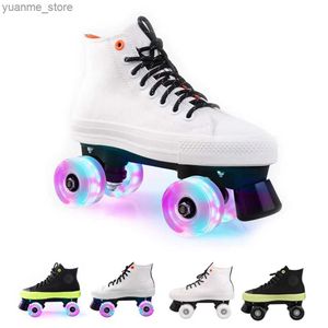 Inline rolschaatsen canvas quad skates dubbele rij kinderen volwassen unisex knipperende wielen roller skating schoenen indoor outdoor street stedelijke fitness patines y240410