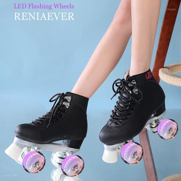 Patines de ruedas en línea Línea doble Mujeres Mujer Dama Adulto con ruedas de iluminación LED PU 4 Dos zapatos negros de patinaje1