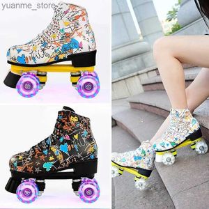 Skates à rouleaux en ligne Graffiti Microfibre Adulte Double Row Rolars Skates Patines Patines avec 4-roues Flash Wheel 2 Ligne Quad Sneakers Y240410