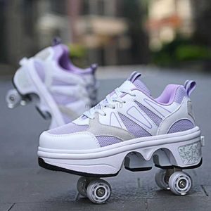 Patins à roulettes en ligne en cuir bas pour adulte Double usage Flash Roller Skates Chaussures Casual Deformation Parkour Sneakers Avec Deform 4-Wheel Kids Of Running HKD230720