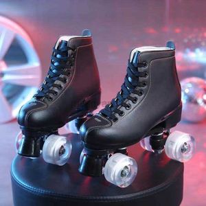 Patins à roulettes en ligne de luxe en cuir noir patins à roulettes femme homme enfants double rangée PU 4 roues quad patinage baskets patines chaussures HKD230725