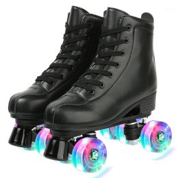 Inline rolschaatsen PU Leather 4 Wiel Skate Outdoor Sport Lighting Skating Shoes Black Patines 2021 Aankomst Vrouwen Twee Line1