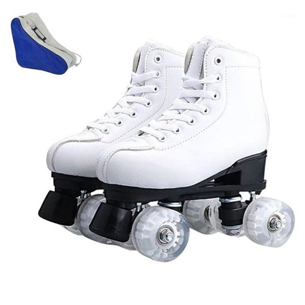 Patins à roulettes en ligne PU cuir double ligne femmes hommes adultes deux chaussures de skate avec blanc 4 roues Flash Wheel Roller1