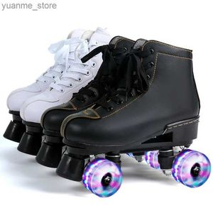 Inline rolschaatsen witte zwart lether dubbele rij rolschaatsen schaatsen schoenen flash pu 4-wiel kinderen volwassen man vrouw buiten patine schoenen 35-45 y240410