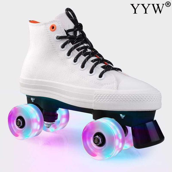 Patins à roulettes en ligne Patines en toile blanche avec roues clignotantes en Pu Double ligne femmes hommes amoureux adultes deux chaussures de patinage1