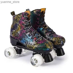 Rouleau en ligne patins femmes hommes PVC en cuir roller patins de patine Patines glissantes quadandes d'entraînement débutant 2 rangées Adulte Flash 4 roues y240410