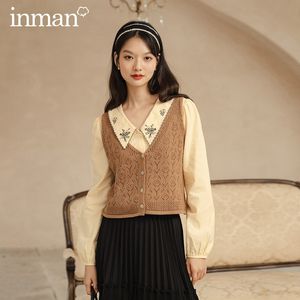 INMAN automne nouveauté littéraire Vintage tissage Jacquard évider col en v gilet à simple boutonnage 201028