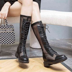 Bottes creuses respirantes en maille intérieure rehaussante 22 bottes noires au genou minces de printemps et d'été