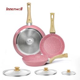 Innerwell 3pcs Kitchen Frying Pan Ensembles de couvercle en verre antiadhésif Toxin Cuisine de cuisinière gratuite Sandwich Steak Omelet Stirf Fry Gourmet Pot