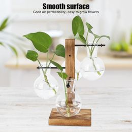 Vase hydroponique innovant avec support en bois, Vase à fleurs de bureau Transparent pour la maison 240226