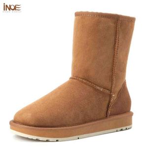 Inoe Real Sheepskin Suede Lederen Vrouw Casual Hoge Winter Snowboots voor Dames Schapenwol Bont gevoerde Warme Schoenen Waterdicht H1102