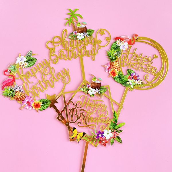 Ins acrylique Color Printing Summer Birthday Cake Topper Coconut Tree Flamingo Cake Toppers For Kid Birthday Party Cake Decoration