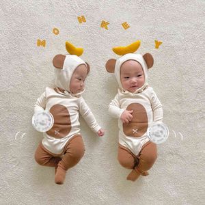 INS Bébé Garçon Fille Barboteuse Mignon Singe Barboteuse + Chapeau Global Onesies Doux À Manches Longues Coton Barboteuse Vêtements Nouveau-Né À Capuche Pyjama G220510