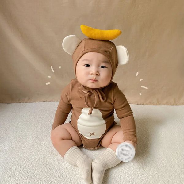 INS bébé garçon fille barboteuse mignon singe barboteuse chapeau ensemble combinaisons doux à manches longues coton barboteuse vêtements nés pyjamas à capuche 240119