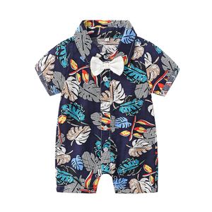 Ins baby jongens zomer romper peuter blad jumpsuit mode hawaii stijl gedrukt strikje korte mouw kinderen casual onesie y1706