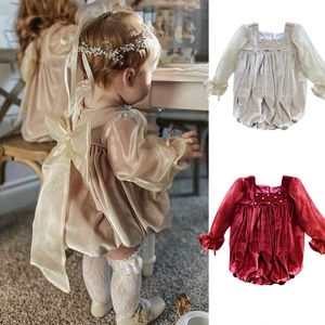 Ins bébé fille Bow Velvet Princess Raiper Bodys plissé vintage Born Todder Birthday Suit.