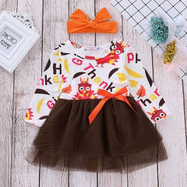 INS Vestiti per bambina Bambini Ringraziamento Tacchino Stampa Abbigliamento Manica lunga Abito da principessa Fascia per capelli Set Abiti firmati per bambini LY02