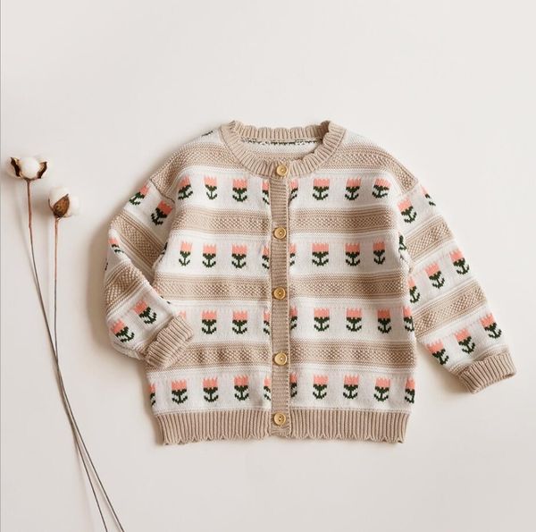 Ins Baby Girl Vêtements Tripted Cardigan Long Manche à manches longues Fleur Sweater kaki 100% coton Top Winter Warm Vêtements