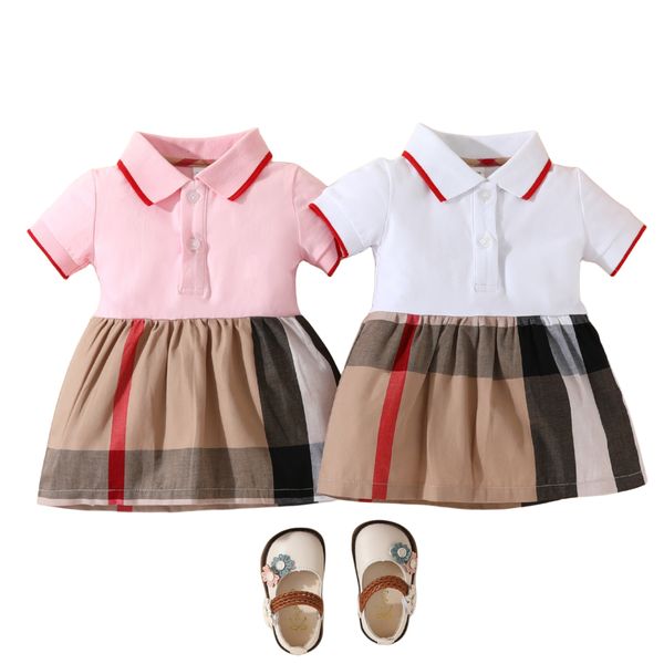 INS Baby Girls vestidos de manga corta a cuadros verano infantil polo solapa enrejado vestido plisado niño niños ropa de algodón S1005