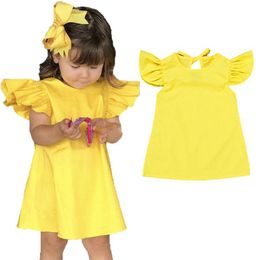 Ins babymeisjes gele jurk kinderen vliegende mouw boog prinses jurken zomers mode boetiek kinderen kleding c5696