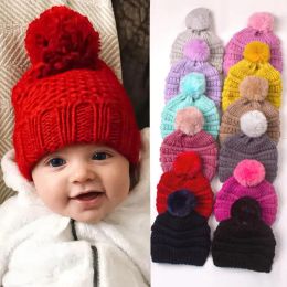 Ins baby hoed designer kinderen gebreide muts petten met haarbal winter warme peuter dikker hoeden jongen meisjes hoofddeksel in massieve kleuren voor 1-2t