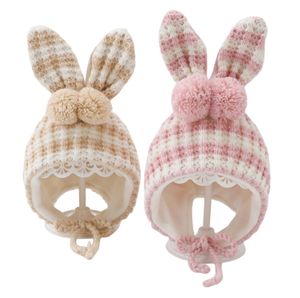 INS bébé enfants mignon oreilles de lapin chapeaux infantile enfants rayure pompon lapin épaissir chaud bonnet enfants casquette de fête de pâques A9361