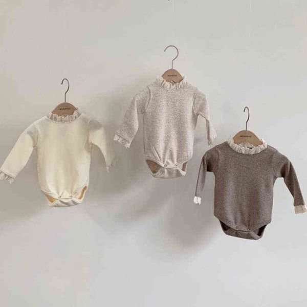 INS Baby Lace Collar Romper Manga larga Body de algodón Recién nacido Corea Chica Traje de una pieza Mono Beige Ropa para niños pequeños G220223