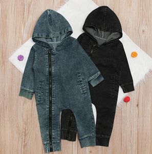 Ins baby rompertjes rits denim hooded jumpsuits lange mouwen baby meisje bodysuits pasgeboren baby outfits kleding in zwart blauw BT4275