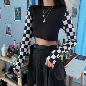 Ins zwart en wit plaid lange mouwen tops vrouwelijke herfst harajuku vintage streetwear bf mode losse hoofd casual t-shirt 210608