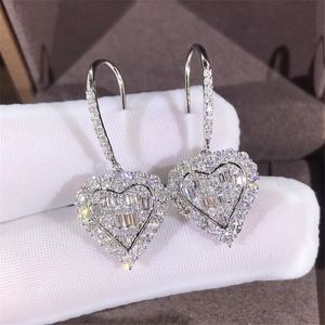 Ins Bling Sparkling Luxury Jewelry 925 Sterling Silver Full White Clear 5A Cubic Zircon Heart Hook Women Dangle Earring