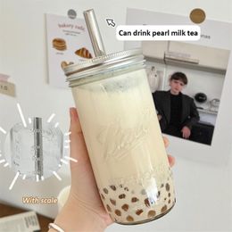 Ins Boba Tasse d'eau en verre de thé au lait avec couvercle en paille Grande capacité Verre transparent résistant à la chaleur Tasses de boisson froide de jus de bulle de café 240124