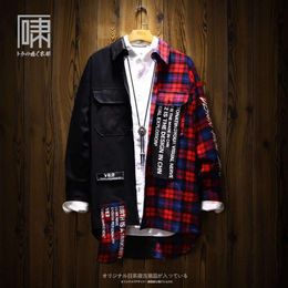 Ins Merk Hip Hop Splice Plaid Mouw Losse Mode Heren Lange China-chic Shirt Jas BF