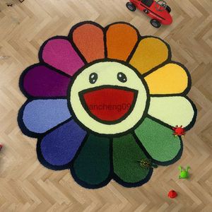 INS Bande Dessinée Fleur Tapis Rond Anti-dérapant Aire De Jeux Pour Enfants Doux En Peluche Tapis Table Basse Tapis Salon Décor Tapis De Sol L230619