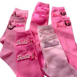 Ins Enfants Dopamine Color Barbie Chaussettes Girls Butterfly Letter Love Heart Applique chaussette automne