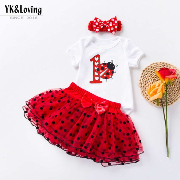 Ins Ropa para niños Baby Summer Cartoon Ladybug Sweetheart Princess Dress Accesorios para el cabello Set de 3 piezas