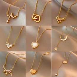Ins Classic Gold Color Stainless Steel Necklace For Women Jewelry Limited Pearl Beads Heart Pendant Birthday Gift 240429